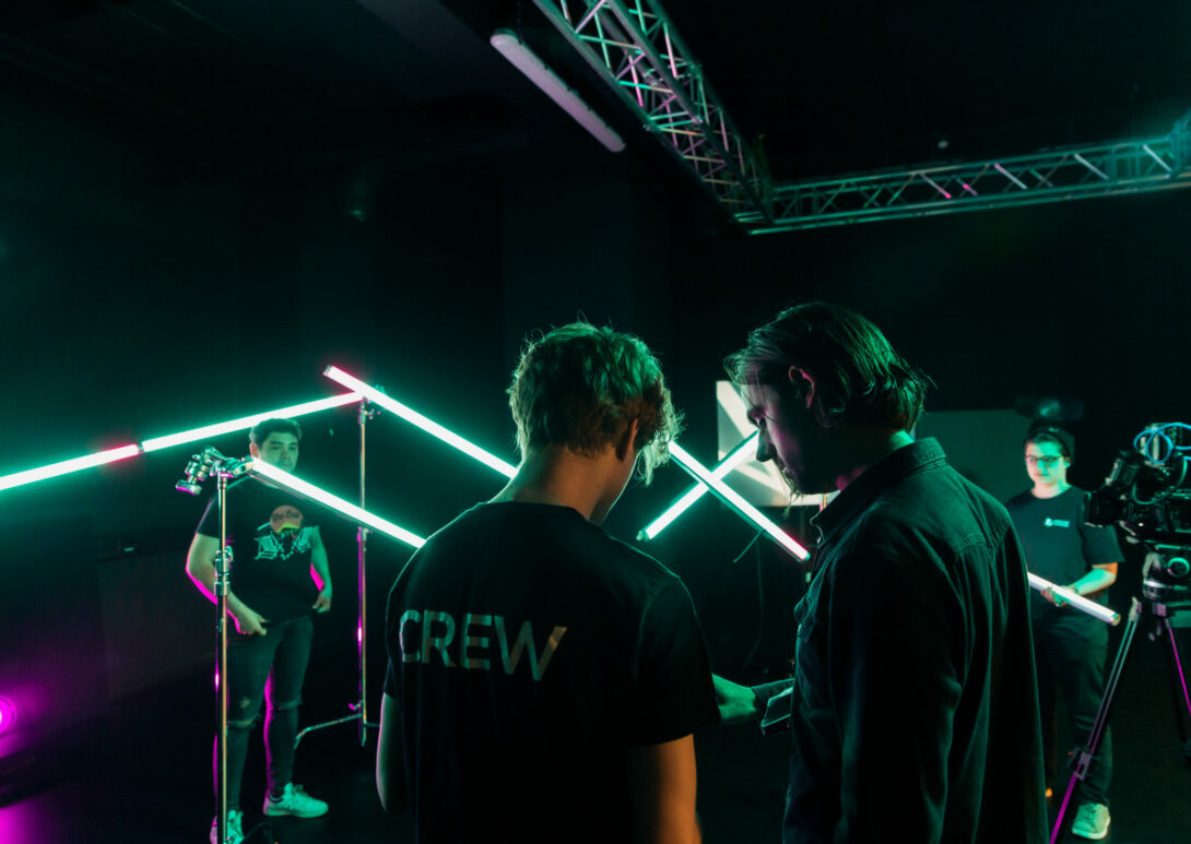 Met Film School Manchester students working in studio with lights