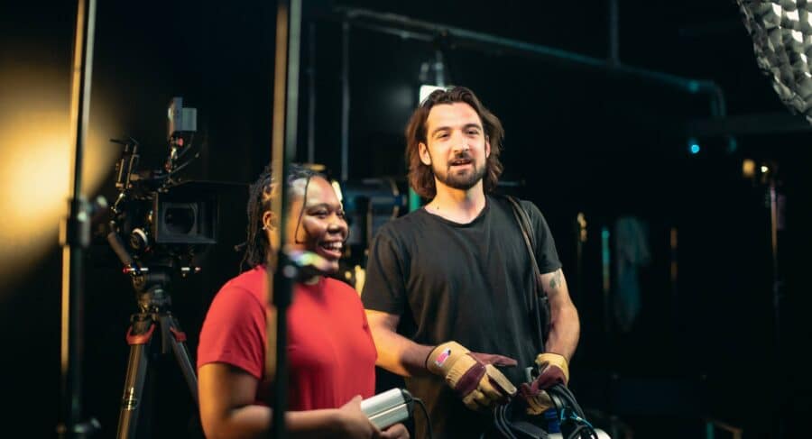 Brighton students on set with filming and camera equipment